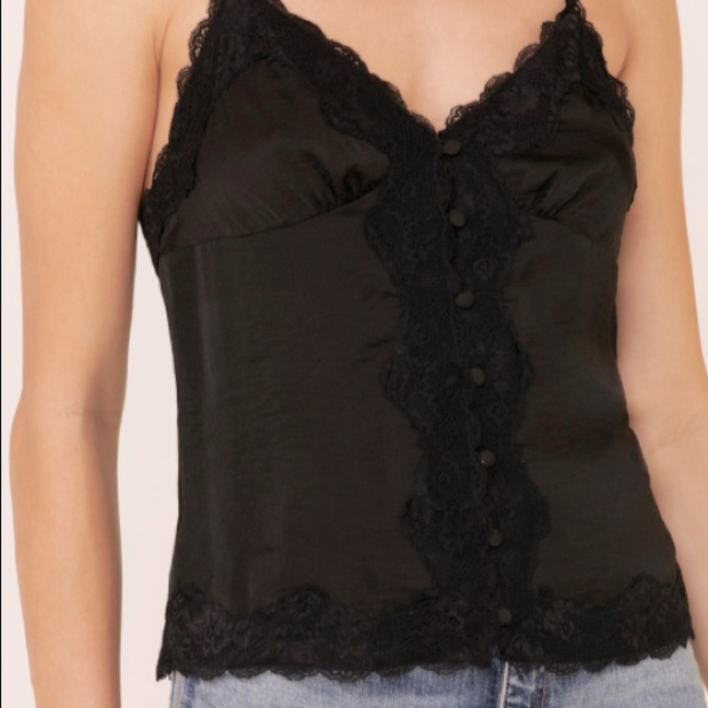 Satin Lace Trimmed Button Down Cami Tank (L)
